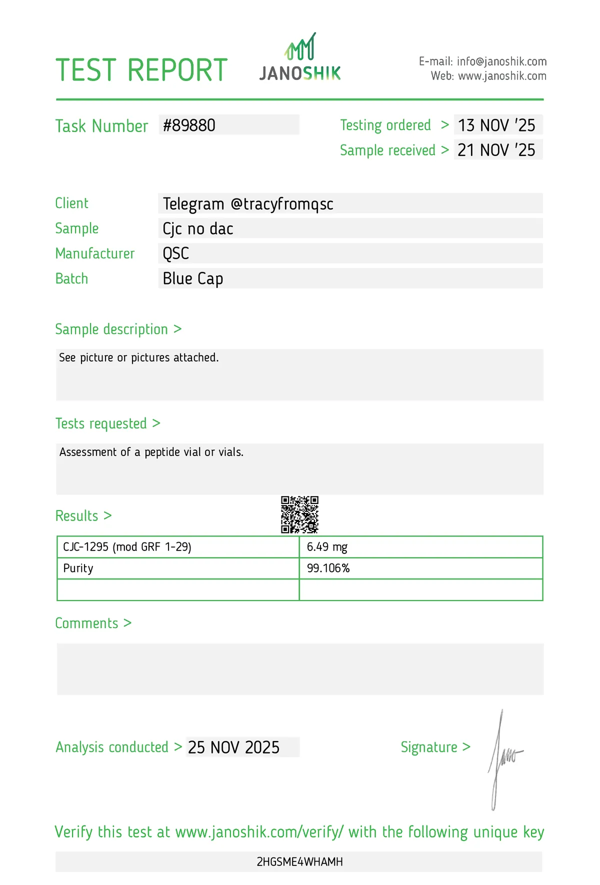 Janoshik lab report #89880 for CJC-1295 (no DAC)