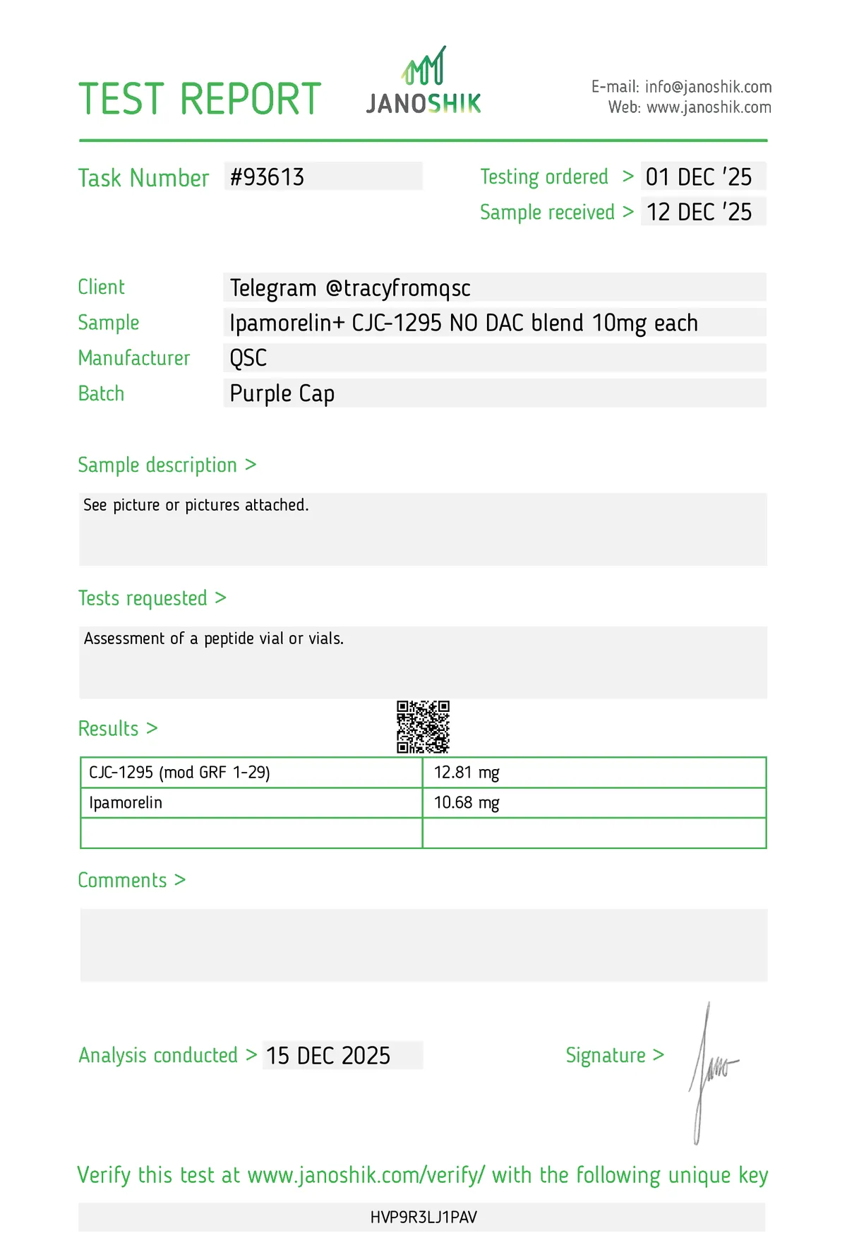 Janoshik lab report #93613 for CJC-1295 (no DAC) + Ipamorelin