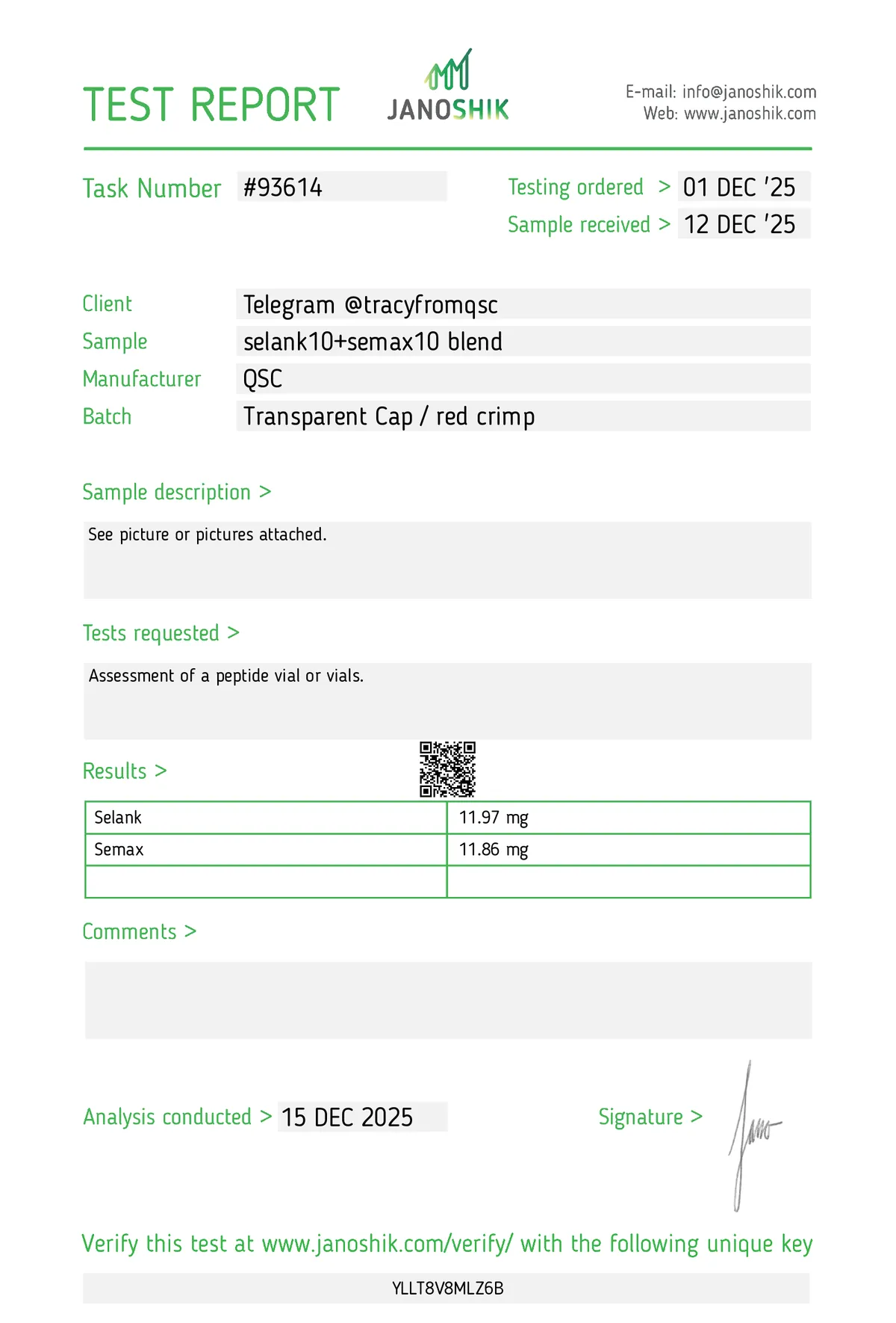 Janoshik lab report #93614 for Selank + Semax